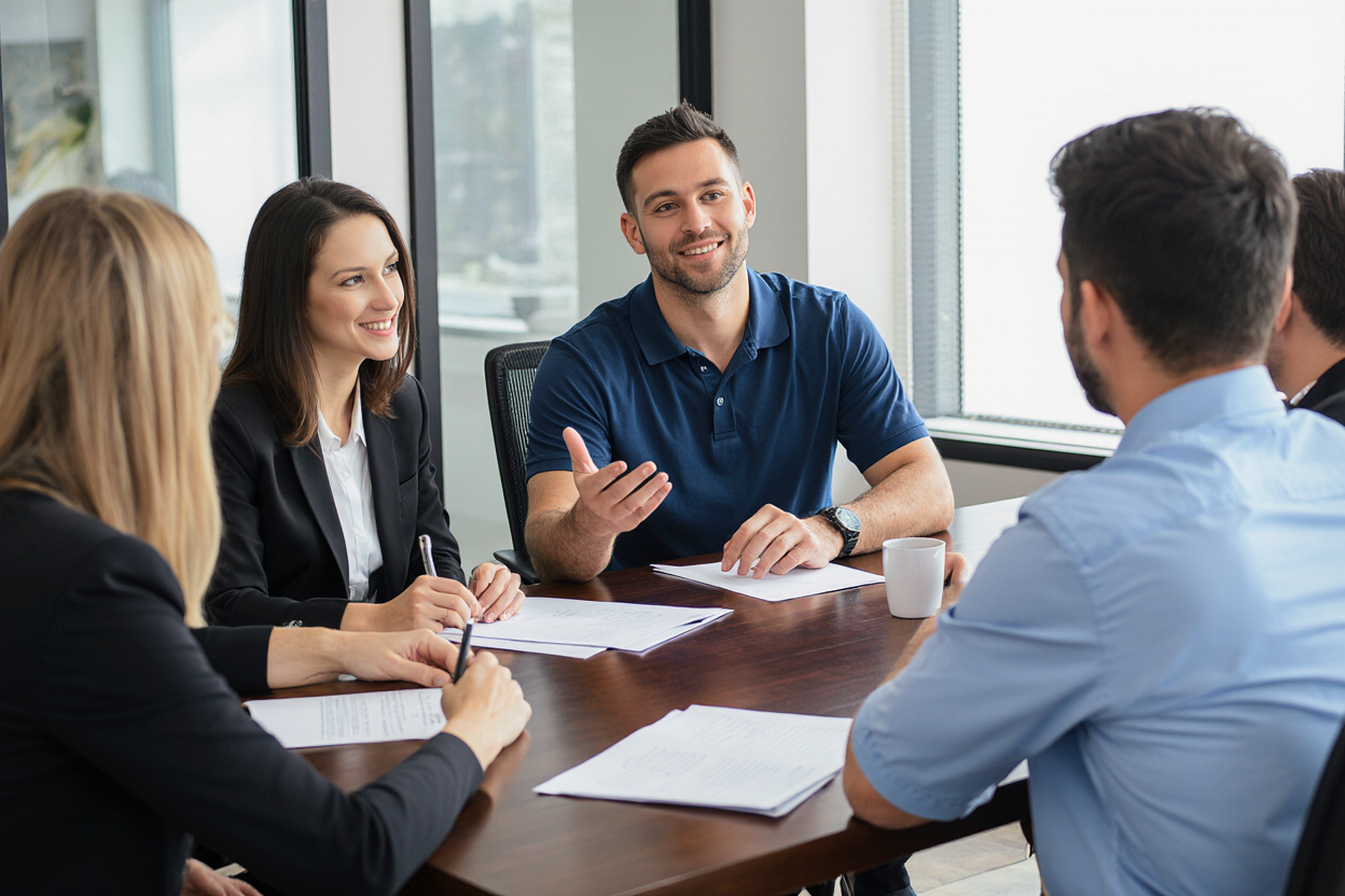 people discussing around conference room table
