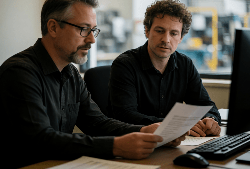 two colleaguesreview cybersecurity compliance documents